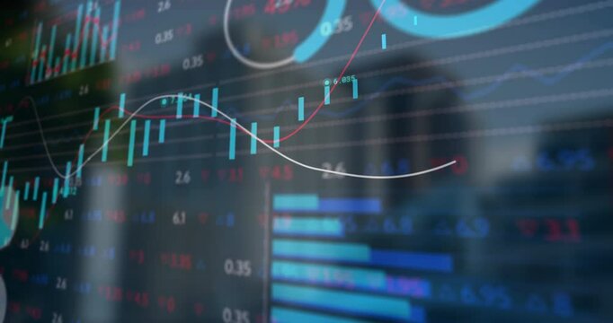 Translucent financial chart floating over city, showing candlesticks, trends, bar charts, numbers