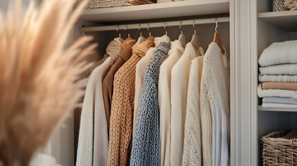 un closet o armario de ropa clara ordenada y elegante diseño sofisticado y femenino