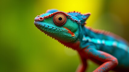 Fototapeta premium Colorful Chameleon Close-Up- Bright Green Background