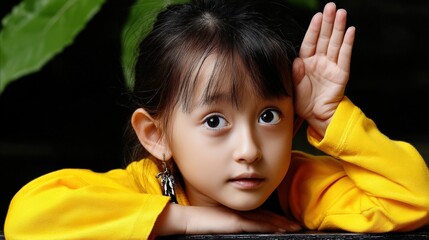 Obraz premium Adorable Young Girl in Yellow Sweatshirt Posing Outdoors A sweet child with dark hair and big eyes