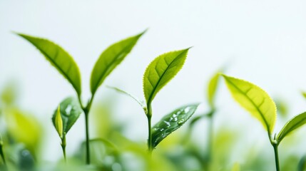 Close Up of Dewy Green Tea Leaves in Soft Light