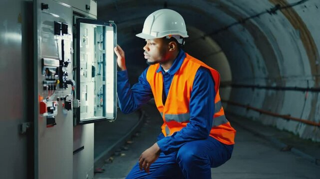 A vigilant Black electrician in hard hat kneels by an open control panel under a concrete tunnel arch. Concept of underground power safety and industrial reliability.