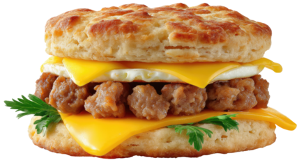 Golden Bites: A mouthwatering image of a breakfast sandwich with golden, freshly baked biscuits enveloping savory sausage, cheese, and a perfectly cooked fried egg, a delicious culinary treat.