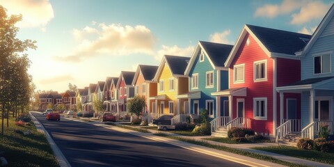 Obraz premium A stunning image of colorful row of houses under soft sunlight in a suburban setting.