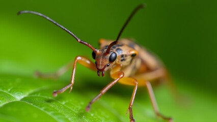 Naklejka premium Close-Up Brown Longhorn Beetle On Green Leaf
