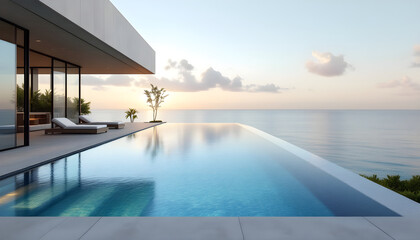 Fototapeta premium Minimalist design hotel resort. Modern luxury villa wit infinity pool overlooking calm ocean. Relaxing tropical getaway. Luxurious Summer vacation, travel concept, leisure lifestyle