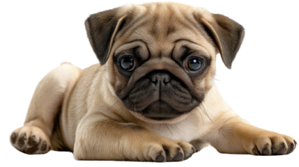 Playful Pug Puppy: This adorable pug puppy, with its charming wrinkled face and expressive eyes, lies playfully in a casual pose, inviting viewers to share a moment of heartwarming canine connection.