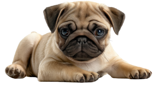 Playful Pug Puppy: This adorable pug puppy, with its charming wrinkled face and expressive eyes, lies playfully in a casual pose, inviting viewers to share a moment of heartwarming canine connection.