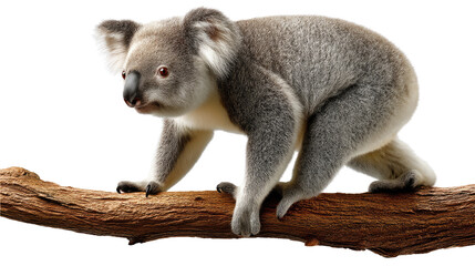Naklejka premium Koala on a Branch: An adorable koala, with its soft grey fur and endearing eyes, perched gracefully on a sturdy tree branch. a picture of gentle moments, and appreciation for the wonders of nature.