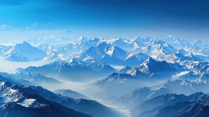 Aerial view of Himalayan mountain range, snowy peaks, misty valleys, scenic landscape, travel poster