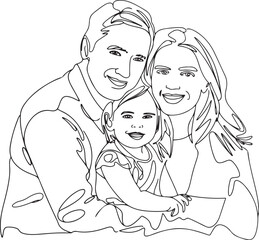 Black and white continuous line art illustration of a joyful family moment with a father mother and daughter together on a white background in vector drawing style
