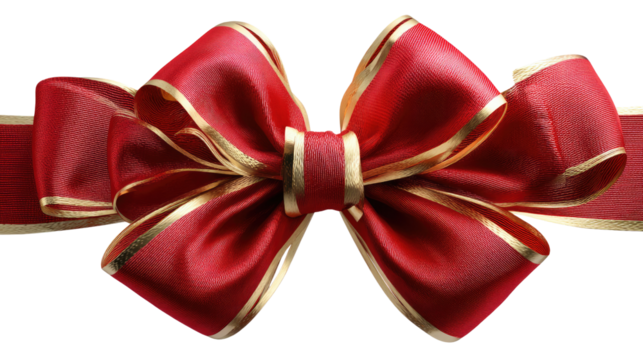 Elegant Crimson Gift Bow: A close-up of a gracefully tied, vibrant crimson gift bow, accentuated with subtle golden edges. The satin texture catches the light, exuding luxury and elegance.