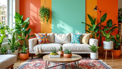 Cozy Living Room with Green and Orange Accent Walls Surrounded by Lush Indoor Plants and Decor