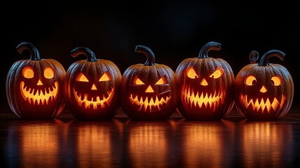 Row of scary jack-o'-lanterns with glowing faces on white background  