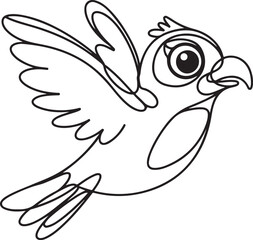 Simple continuous line art style illustration of a flying cartoon bird with wide wings and a curved beak in black and white on a clean white background