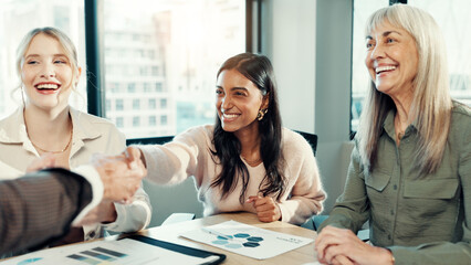 Charts, teamwork or people in meeting with handshake, project or social media specialist. Shaking hands, hiring seo analyst or paperwork for ad campaign with smile, marketing director or business