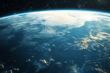 Fototapeta premium Stunning view of Earth from space showing clouds and starry sky above