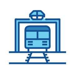 Blue Train Icon Approaching Station on Tracks, Public Transportation Illustration