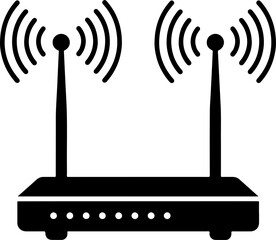 Router with Signal Icon Silhouette – Black Vector Symbol Representing Wireless Internet, Wi-Fi Connection, Data Transfer, Network Access, and Communication	