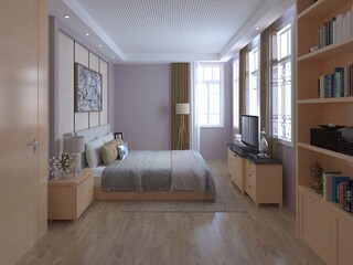 Mock up of an ideal bedroom with a fashionable comfortable bed and a stylish decorative background, 3D rendering.