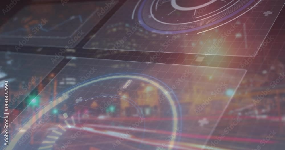 Poster digital hud analytics overlay moving across city with panels and dials showing glowing data nodes