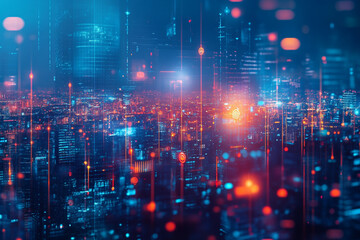 Obraz premium Futuristic city skyline digital data streams glowing lights vibrant colors