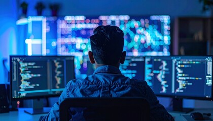 A cybersecurity analyst watching multiple computer screens for cyber threats in a modern office desk; soft rgb lighting casts a cool blue glow around the room