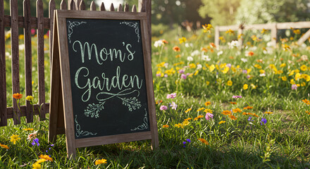 Mom's garden sign in a flower filled meadow with a wooden fence in the background
