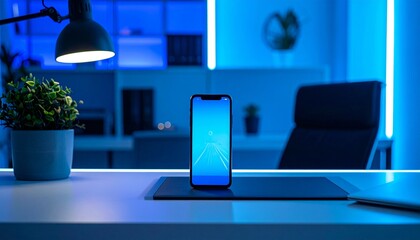A modern office desk with a smartphone, showing brightness. Soft RGB lighting casts a cool blue glow around the room. Tech-savvy workspace;