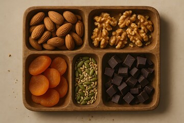 Overhead View of Realistic Snack Tray with Nuts, Dried Fruit, Seeds, and Chocolate
