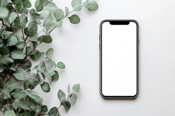 Smartphone mockup with eucalyptus leaves on white background minimalist design