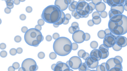 Soft blue bubbles float on a white background. Ideal for science, technology, or medical concepts.