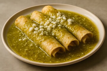 Realistic Enchiladas with Green Tomatillo Sauce and Queso Fresco 