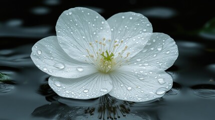 Delicate white flower, water droplets