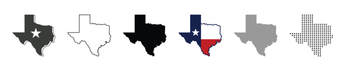 Texas map vector icon set. Silhouette, states, regions, outline, flag, flat, dotted styles. Vector illustration