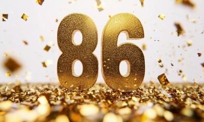 Golden Number 86 Surrounded by Shimmering Confetti and Sparkles