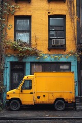 Yellow delivery van parked in front of a building with colorful facade.