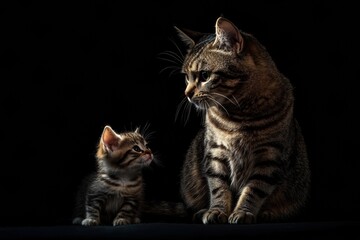 Obraz premium Adorable tabby cat and kitten in dramatic lighting on black background