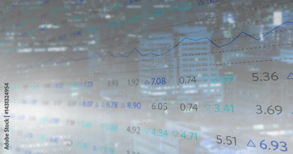 Poster Animated illustration displaying floating numeric values with delta symbols tracing blue line chart