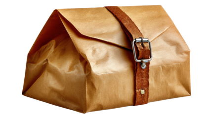 Sealed Parcel: A rustic brown paper parcel, securely fastened with a leather strap and buckle, suggesting a sense of anticipation and the promise of discovery. 