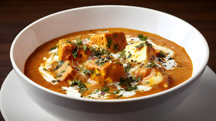 Fresh Indian Butter Paneer Cubes in Creamy Tomato Sauce Garnished with Herbs and Cream