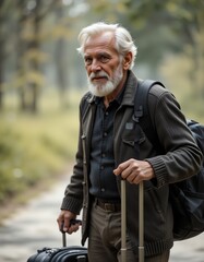Fototapeta premium Senior Traveler with Luggage in Autumn Park Portrait of an Adventurous Older Man