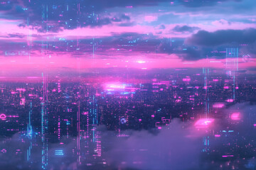 Futuristic city skyline at sunset glowing with neon lights and digital data streams
