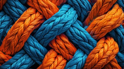Intertwined blue and orange ropes, textured background