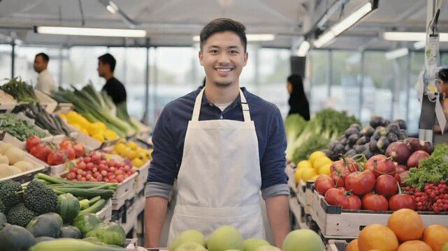 A cheerful market seller welcomes customers amid abundant seasonal produce. Concept of farm-to-table sustainability and small business success.
