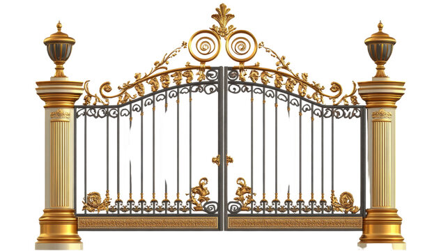 classic antique gate with pillars on white background