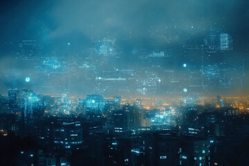 Night city skyline with digital data overlay futuristic technology urban landscape