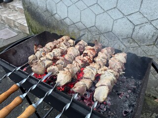 Cooking meat on the grill. Fried shashlik, shashlik with marinade