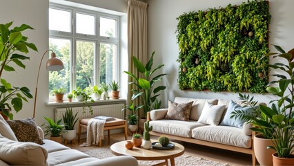 Obraz premium Modern Living Room with Vertical Garden and Abundant Indoor Plants for Cozy Atmosphere