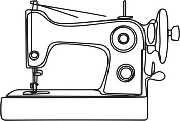 Clean black and white vector illustration of a sewing machine featuring essential elements like needle and thread in a continuous line drawing style